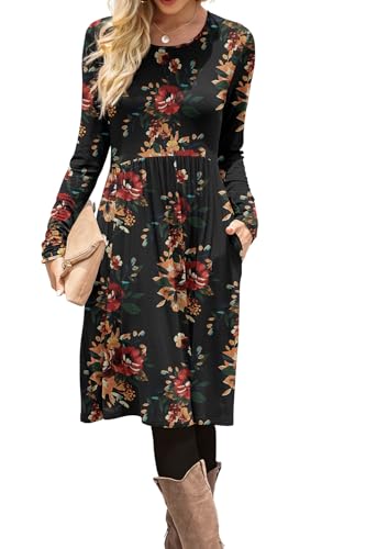 DB MOON Women Casual Long Sleeve Dresses Empire Waist Loose Dress with Pockets (Brown Floral Black, M)