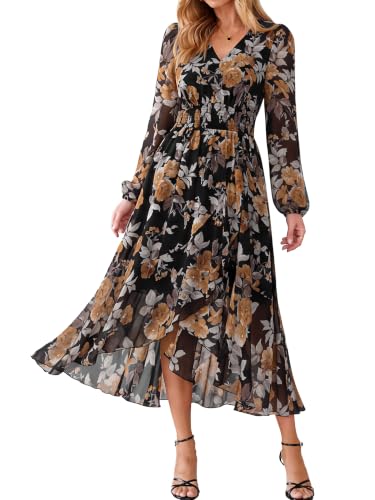Simplee Women's Floral Boho Long Sleeve Maxi Fall Wedding Guest Dress 2026 | Flowy V Neck Empire Waist A-Line , Swing Faux Wrap Ruffle High Low Hem, Casual Vacation, Date Night, Garden Tea Party Dresses