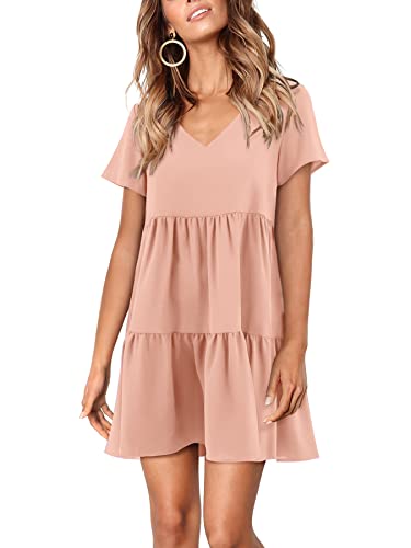 Amoretu Womens Tunic Dress Casual Short Sleeve Vacation Flowy Swing Shift Dresses, Spring, Summer, 2025 (Pink, S)