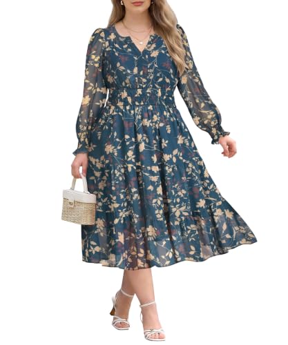 RITERA Plus Size Boho Dresses 5X Balloon Long Sleeve Navy Floral Dresses | Plus Size Fall Dress with Pockets A-Line Ruffle Hem Flowy Maxi Dress for Women Formal Loose Fit 5Xl 26W 28W