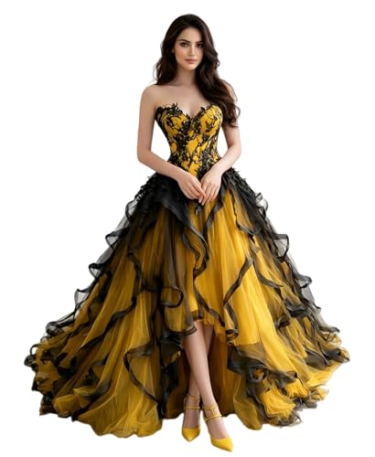 Dydsz Gothic Gold Prom Dress for Women High Low Evening Formal Gown 14