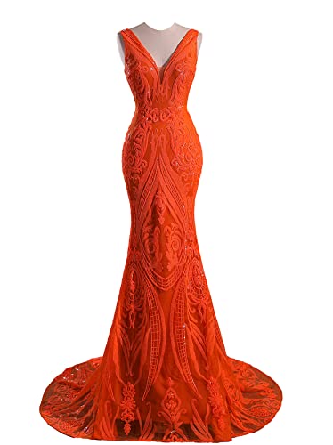 MTVOPN Women's Deep V-Neck Sequin Lace-up Mermaid Evening Dress Orange US2