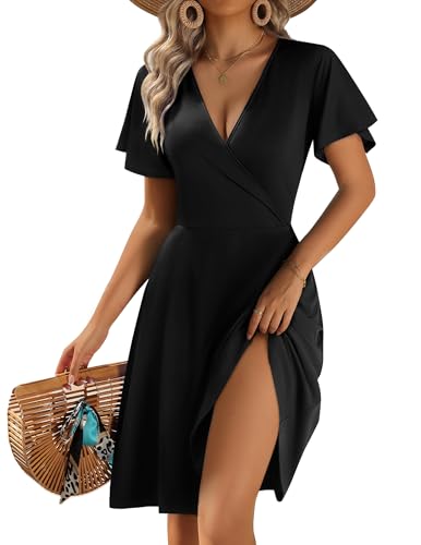 Zeagoo Summer Dresses for Women Black Dresses 2026 Wrap V Neck Spring Sundresses Beach Short Sleeve Midi Funeral Church Dress