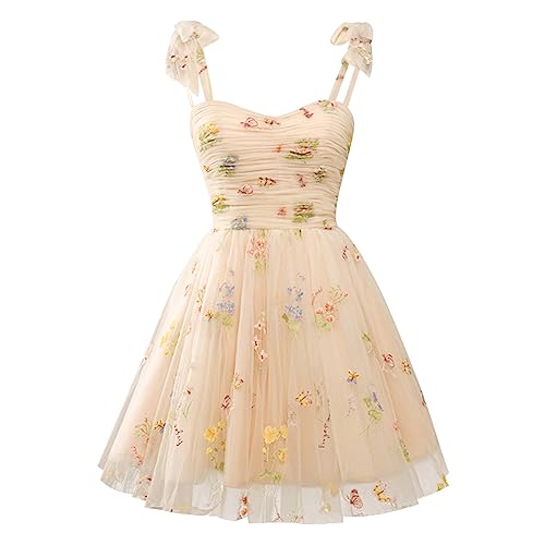 Flower Embroidered Tulle Dress Women Tulle Prom Dress for Teens Bow Tie Strap Sleeveless Floral Embroidery Dress for Women Adjustable Spaghetti Straps Short Puff Formal Party Evening Gown Champagne L