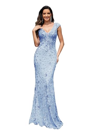 Womens Sequined Long Evening Gown Glamous Sleeveless V-Neck Mermaid Prom Dress for Wedding Party Club Occasions Light Blue L