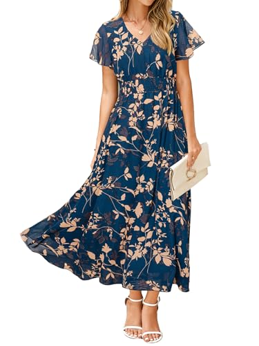 Simplee Womens Floral Maxi Dress - Short Sleeve Summer Boho Wedding Guest Dress Empire Waist Chiffon Modest Midi Dresses Blue,XXL