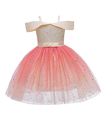 USEACCE Puff Girl Off The Shoulder Dress Girls Tulle Flower Girl Dress Star Sparkle Wedding Party Ruffles Princess Dress Girl Glitter Dress 3T 4T Years(5200Champagne 110)