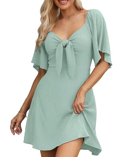 Plustrong Womens Summer Deep V Neck Flowy Mini Dress (Light Green,M)