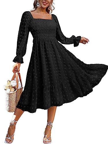 Amegoya Women's Elegant Square Neck Long Sleeve Formal Dress Fall Swiss Dot Modest Smocked Midi Wedding Guest Dress (Black L)