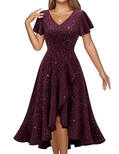 Cocktail Wedding Guest Dress, Women's Semi Formal Sarkly Dress Burgundy L