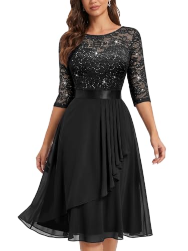 Miusol Women's Scoop Neck Pleated Sequin Lace Half Sleeve Cocktail Dress