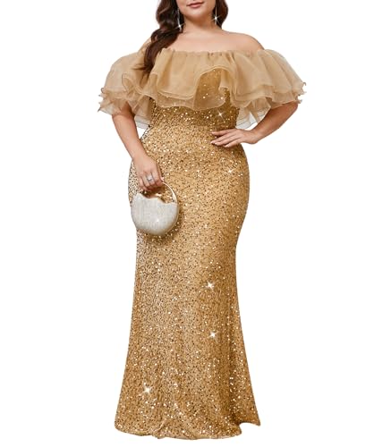 dasmzper Elegant Sequin Off Shoulder Evening Gown for Women Plus Size – Sparkly Ruffle Formal Dress for Wedding Guest Gold