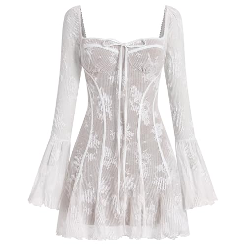 Corset Mini Dress Floral Lace Short Low Cut Open Back Fall Y2K Viral Wedding Guest Spring Casual Long Sleeve Sweetheart for Vacation Party Winter Outfits White M