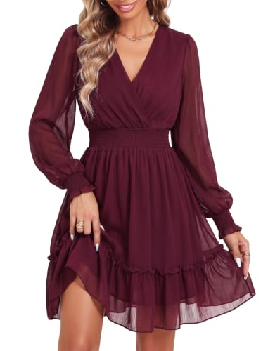 Prettywear Women's Chiffon Long Sleeve Fall Wedding Guest Mini Dress
