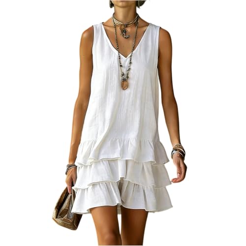 Cotton Linen Dresses for Women Midi V Neck Sleeveless Gauze Ruffle Dress Layered Flowy Short Summer Dresses Casual Vacation Tiered Boho Beach Dresses Cute Linen Sundress Vestidos Casuales para Mujer