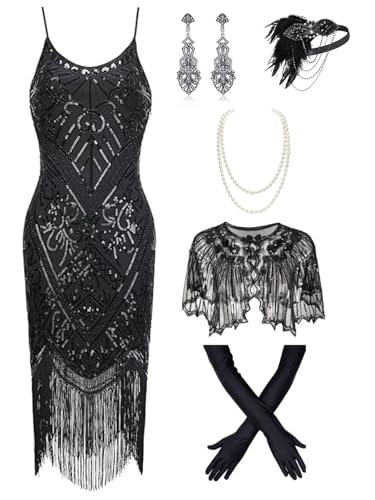 878AS - Plus Size 1920s Vintage Fringed Gatsby Sequin Beaded Tassels Hem Flapper Party Prom Cocktail Dress with Accessories Shrug Cape Shawl (Black Black, 4X)