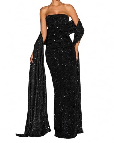 GRMLRPT Women's Strapless Formal Maxi Wedding Guest Dresses with Scarf