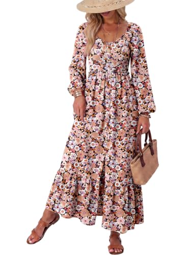 Dokotoo Maxi Dresses for Women 2026 Boho Floral Printed Long Sleeve Button Down Square Neck Smocked Casual Elegant Flowy A-Line Long Summer Dress Sundresses for Women Vacation Outfits Black XX-Large