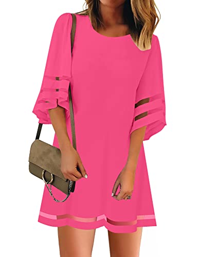 LookbookStore Spring Dresses for Women 2024 Wedding Guest 3/4 Sleeve Dress Trendy Hot Pink Bell Sleeve Dress Spring Hot Pink Dress 2024 Spring Dresses with Sleeves Size M Size 8 10