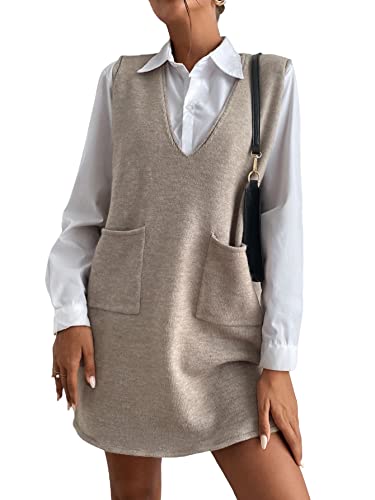 OYOANGLE Women's Sleeveless Sweater Dress V Neck Fall Winter Overall Dress | Business Casual Outfits, Fall Fashion, Jumper Dress, Short Knit Dress, Sweater Vest Dress, Pockets, Khaki, Medium