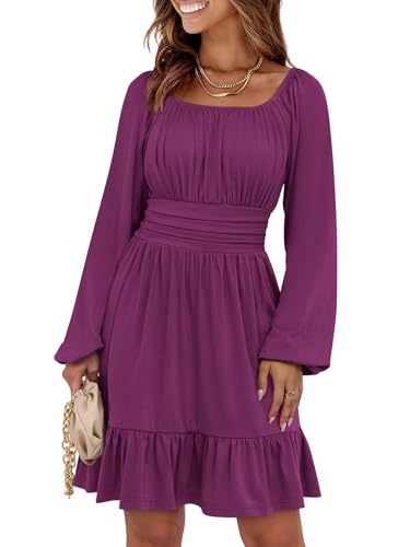 ANRABESS Women Long Lantern Sleeve Square Neck Fall Short Dress Deep Purple