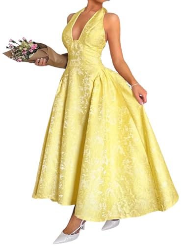 ChiaoLezhee Jacquard Maxi Dress, V Neck A Line, Wedding Guest Prom, Halter Corset Pastel Tea Party Vacation Semi Formal Garden Long Dresses for Women Drop Waist Deep Sexy Flowy, Yellow, XX-Large