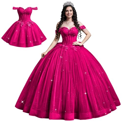 Mauuwy Bright Pink 2Pcs Detachable Quinceanera Dresses with Bow