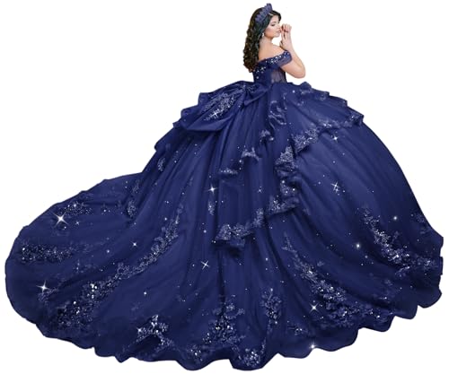 Mauuwy Puffy Navy Quinceanera Dresses Ball Gown Beaded Size 8 | Lace Appliques Vestidos 15 Años Quinceañera with Train ,Tulle Tiered Bow Dress
