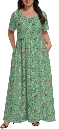 Lastshe Womens Plus Size Dresses Comfy Short Sleeve Maxi Green Flowers 4X | Summer A-Line Maxi Flowy Soft Drapey Fabric for Daily,Travel,Beach,Cruise Vacation,Gifts,Mom,Friend,Maternity,Girls,Teacher