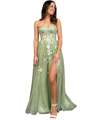 Flybridal Strapless Sweetheart Prom Dress Sage Green 3D Floral Lace Applique Tulle Corset Back Formal Gown Plus Size 18W
