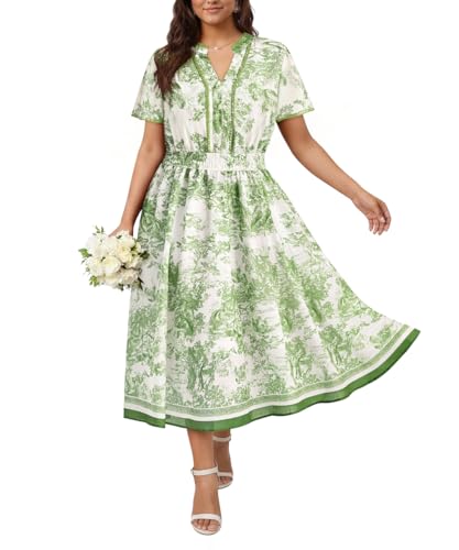 RITERA Women Plus Size Maxi Dresses Short Sleeve V Neck Flattering Flowy Boho Beach Casual Dresses Green Flower Elastic Waist with Pocket Summer Beach Holiday 3XL 22W 24W