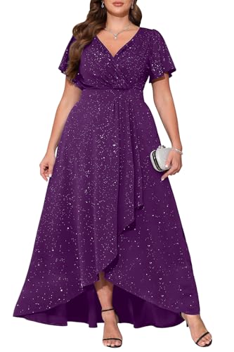 Pinup Fashion Plus Size Purple Glitter Formal Mother Bride Slit Long Dress