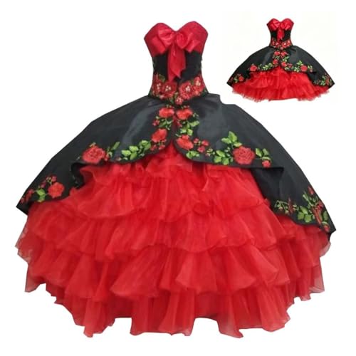Strapless Ball Gown Mexican 2 in 1 Quinceanera Prom Homecoming Cocktail Dresses for Women Girls Teens with Detachable Skirt Red Black Lace Flower Patterned Gold Buttons Pearls 10