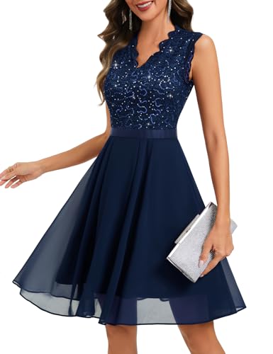 Dressystar Sparkly Floral Lace Sequin Cocktail Dress for Women Navy L
