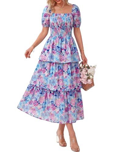 BTFBM Womens Floral Smocked Summer Maxi Dresses,Floral Navy Multicolor,L
