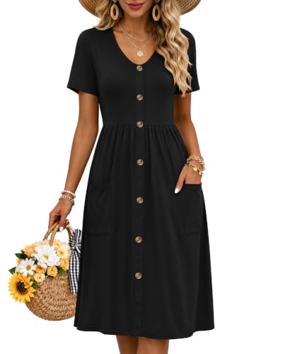MOLERANI Women Summer Casual Short Sleeve V Neck Dresses Button Down Sundress Beach Vacation with Pockets Travel Outfits,Black,S