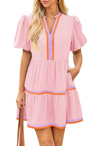 Cicy Bell Womens Summer Puff Sleeve V Neck Floral Mini Boho Beach Dresses