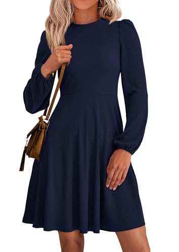 PRETTYGARDEN Womens A Line Long Sleeve Mini Dress,Navy Blue,M