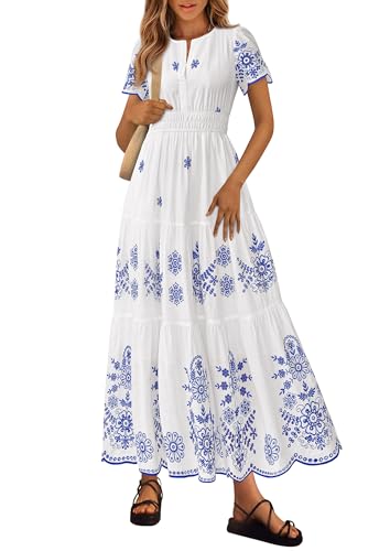 PRETTYGARDEN Womens Summer Dresses Floral Maxi Boho Spring Long Dress | Lightweight Cotton Embroidery, V Neck Short Sleeve Empire Elastic Waist, Flowy Vacation Wedding Guest Dresses, with Pockets