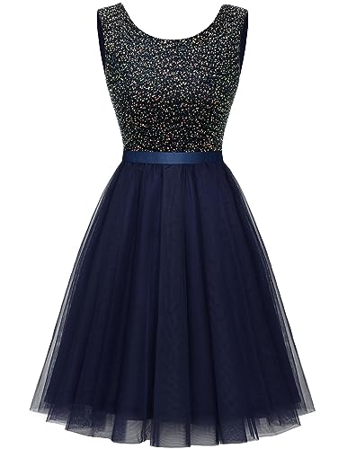 BeryLove Sequin Homecoming Dress for Teens Women Cocktail Prom Navy M