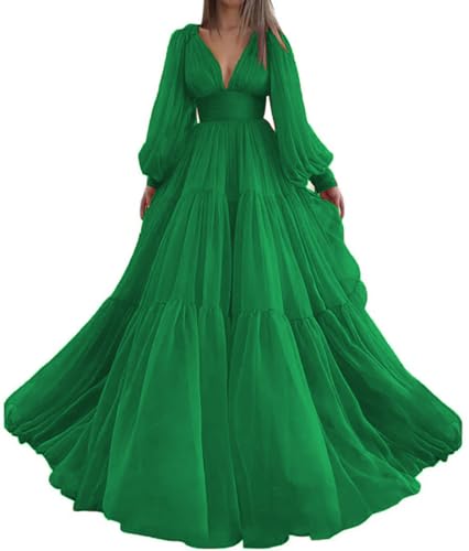 V Neck Puffy Sleeve Prom Dresses Tulle Long Princess Dress for Women A Line Formal Evening Party Gowns Green