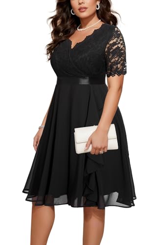 Talisea Plus Size Black Wedding Guest Lace Chiffon Tea Length Dress