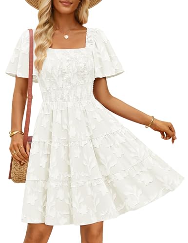 ZESICA Women's 2026 Summer Boho Floral Flowy Mini Dresses White L | Elegant Short Dress, Swing A Line Dress, Smocked Ruffle, Cute Sundress, Short Sleeve, Square Neck, Beach Vacation Dress