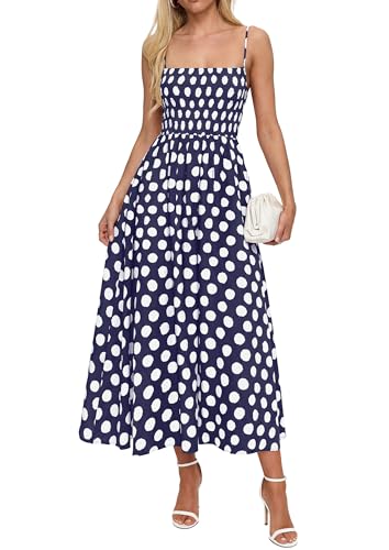 PRETTYGARDEN Women's Spaghetti Strap Polka Dot Summer Midi Dress,Navy,XL | Square Neck Smocked Flowy A-Line Sundress, Casual Beach Wedding Guest Party Long Dresses, 2026 Vacation Outfits