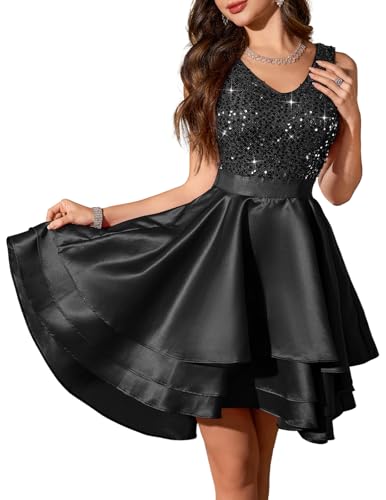 Meetjen Cocktail Dress for Women Satin Short Bridesmaid Black XS | Sparkly Homecoming Ball Gown, Wedding Guest Dresses, V Neck, Hi-Lo, A-line, Holiday, Vestidos Cortos