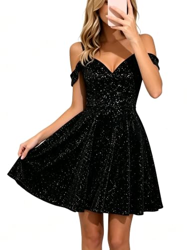 YHHOWEP Women's Glitter Dress Homecoming Dresses for Teens V Neck Ruffle Vintage Cocktail Party Mini Semi Formal Dresses Black L