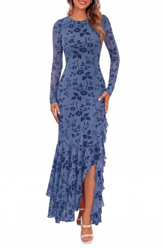 BTFBM Fall Dresses for Women 2026 Long Sleeve Cocktail Dress Grey Blue | Crew Neck,Mesh,Asymmetric Ruffle Hem,Bodycon,High Slit,Floral,Wedding Guest Dresses,Homecoming,Party,Prom,Bridesmaid,Vacation