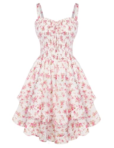 Scarlet Darkness Smocked Floral Sundresses Women Teens Summer Spring Dress | Adjustable Strap, Sweetheart Neck, Fully Smocked Bust, Side Pockets, Dual Ruffle Hem, Lined. For Daily Casual & Garden Party