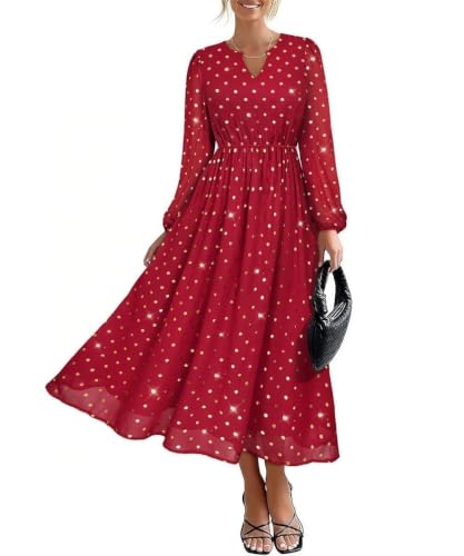 TIYOMI Women's Fall Maxi Dress Plus Size 5X Long Sleeve V Neck Red Sequin Polka Dot Dress Flowy Cocktail Party Dresses for Curvy Women Casual Maxi Fall Spring Formal Dresses 5XL 28W