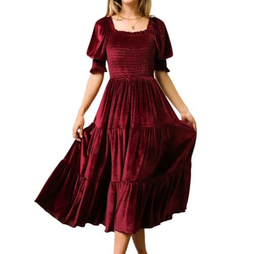 R.Vivimos Women's Velvet Square Neck Smocked Midi Dress Fall, WineRed, S